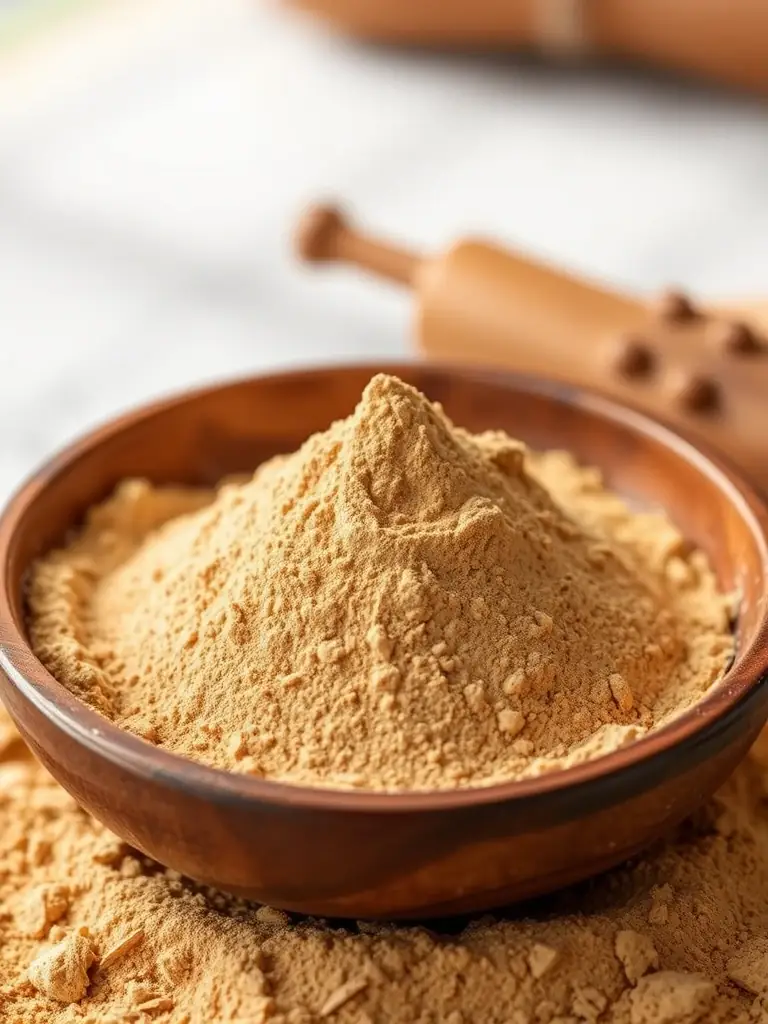 Close-up shot of finely milled Multani Mitti powder in a rustic wooden bowl, highlighting its smooth texture and natural color, placed in a well-lit studio setting.