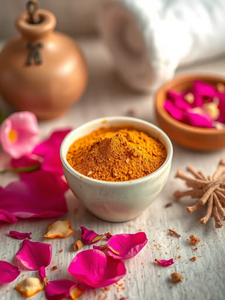 Image of Multani Mitti blended with rose petals and other natural ingredients, highlighting its enhanced benefits and aromatic appeal, in a spa-like setting.