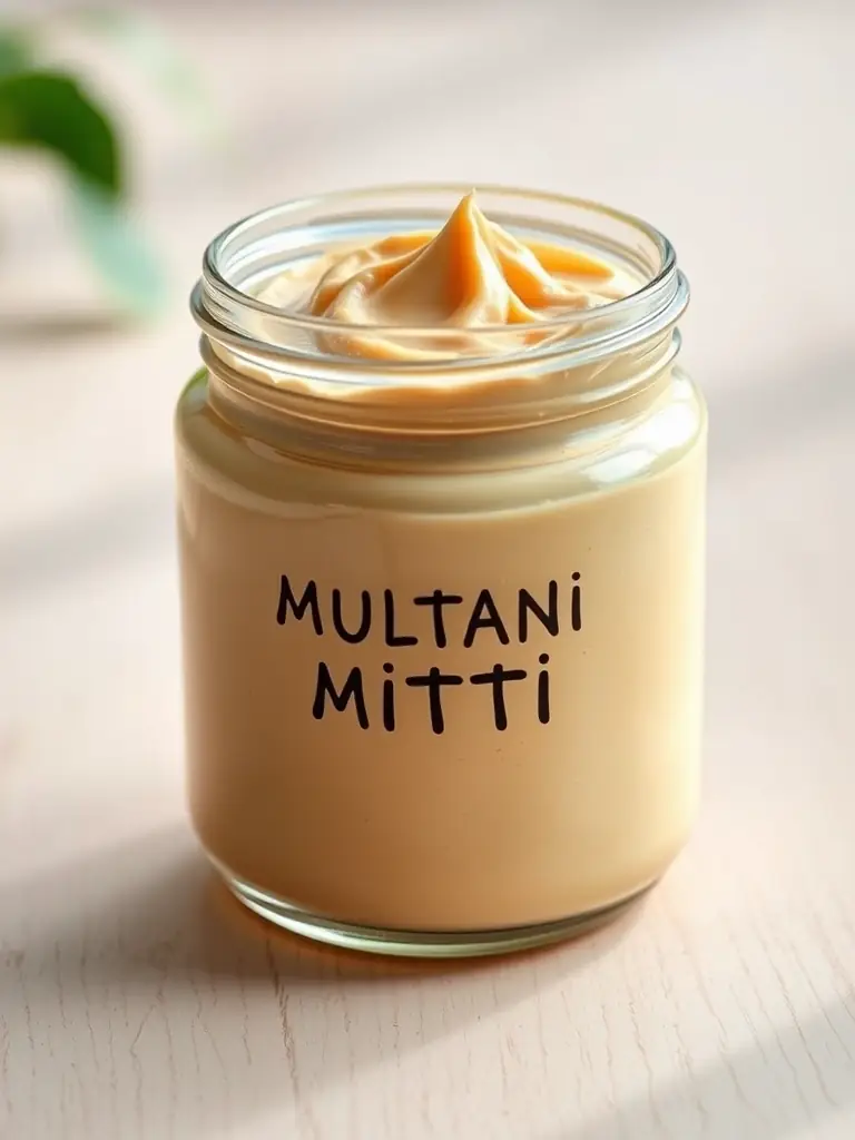 Image of Multani Mitti paste in a glass jar, showcasing its creamy consistency and natural ingredients, with a focus on its ready-to-use convenience.